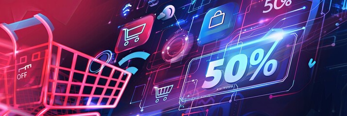 Poster - An abstract background showing a shopping cart, product icons, and bold 50% OFF text, all within a digital, futuristic design. Generative AI