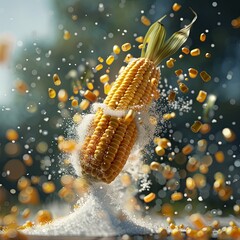 Sticker - corn flying in the air, salt, spices, photorealistic, professional food promotional photography