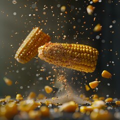 Canvas Print - corn flying in the air, salt, spices, photorealistic, professional food promotional photography