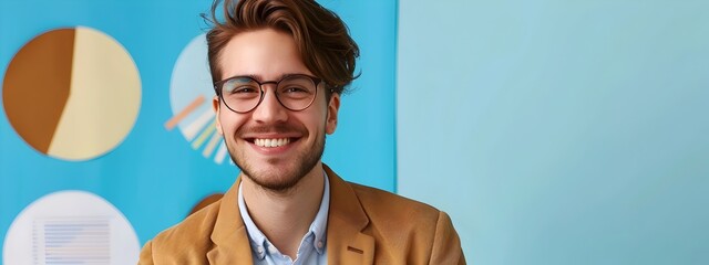 Wall Mural - Happy Young Accounting Analyst Working on Color Background