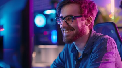 Wall Mural - Happy Young Director of Ethical Hacking Working in Vibrant Workspace