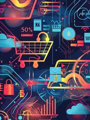 Aufkleber - Abstract background depicting an online sale with shopping carts, product icons, and bold 50% OFF text. Generative AI