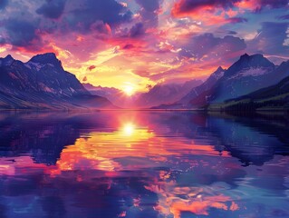 Wall Mural - Dramatic Sunset over Majestic Mountain Ridge with Vibrant Reflection on Tranquil Lake Serene Natural Landscape Beauty