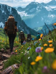 Sticker - Hikers Enjoying the Breathtaking Vistas and Vibrant Wildflowers on a Remote Mountain Trail