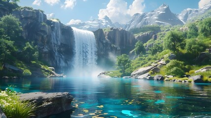 Canvas Print - Serene Waterfall Cascading into Crystal Clear Mountain Pool in Lush Jungle Landscape