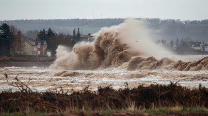 Wall Mural - the towering tidal bore seems to swallow everything in its path leaving a trail of chaos and destruc