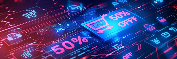 Poster - An abstract background representing a digital sale with shopping carts, product icons, and a bold 50% off text. Generative AI