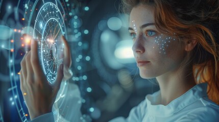 Poster - Woman astrologer conducts a consultation on the natal chart, flying energies. Generative AI.