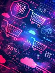 Aufkleber - Abstract background with shopping carts, product icons, and 50% OFF text. Generative AI