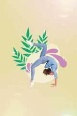 Sticker - Composite sketch image trend artwork photo collage of flower nature spring season leaves young woman gymnast stretching exercise training