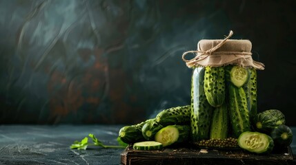 Wall Mural - Pickled cucumbers in a glass jar against a dark backdrop