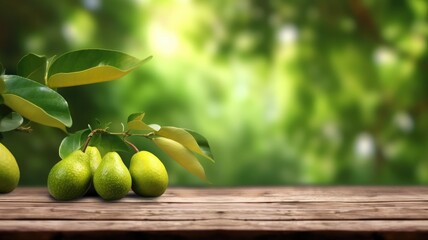 Wall Mural - Fresh green pears on wooden table with lush foliage background or a bunch of avocados sitting on a light brown wooden table with blurring background. Natural food and healthy diet concept. AIG35.