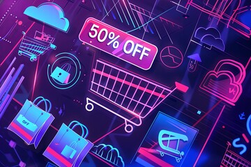 Aufkleber - A digital illustration of shopping carts, product icons, and bold 50% OFF text on a futuristic background with Wi-Fi signals and cloud icons. Generative AI