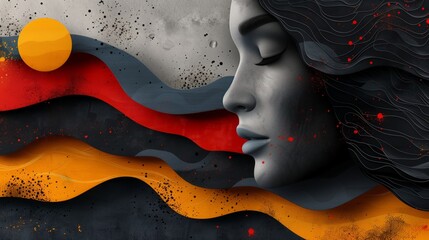 A digital art piece featuring a profile portrait of a woman with closed eyes, surrounded by bold, colorful shapes.