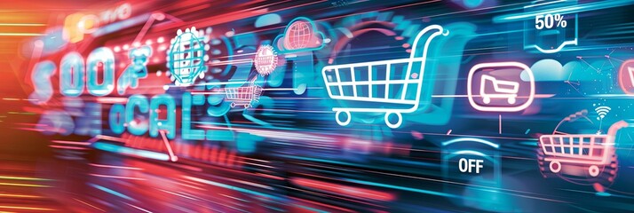 Aufkleber - Abstract background with glowing shopping carts and a prominent 50% OFF message. The futuristic digital design includes cloud icons and Wi-Fi signals. Generative AI