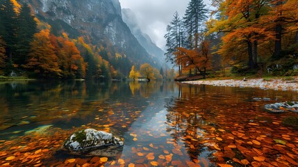 Poster - Majestic Autumn Landscape with Colorful Trees Lining a Serene Mountain River