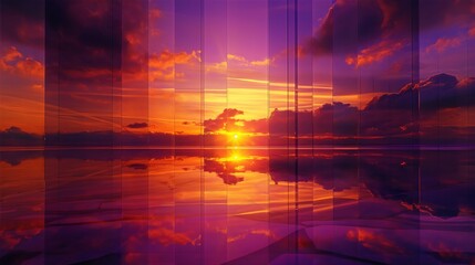 Wall Mural - A vibrant sunset with deep purples and fiery oranges, viewed through a gradient multilayer glass texture, 3D rendering.
