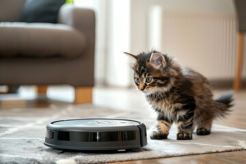 A round washing robot vacuum cleaner cleans a room with a cozy modern interior, an maine coon kitten stands nearby