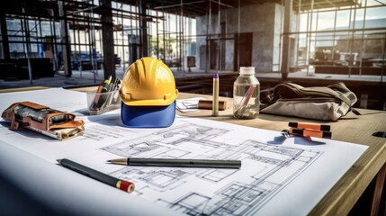 Photograph of an architect's desk on a construction site with blueprints, pencils, markers, and a hard hat, against a clear background