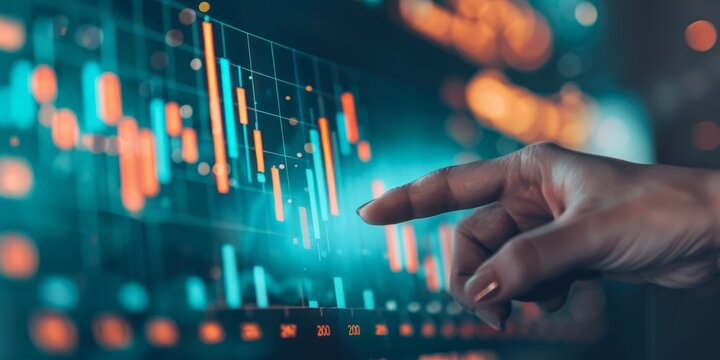 A hand is pointing at an upward trending bar graph on the screen, with financial data and graphs in the background. The stock market is rising.