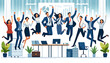 © Christophe - Illustration d'une équipe célébrant le succès. Les membres sautent joyeusement dans un bureau, symbolisant l'unité et l'enthousiasme après avoir atteint leurs objectifs professionnels
