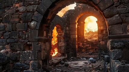 Burning Heritage, Ancient Stone Arches Amidst Flames . Generative Ai