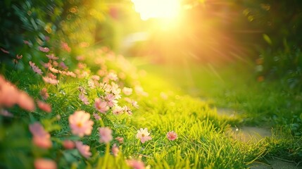 A pathway through a summer garden bathed in golden sunlight, with vibrant green grass and blooming flowers