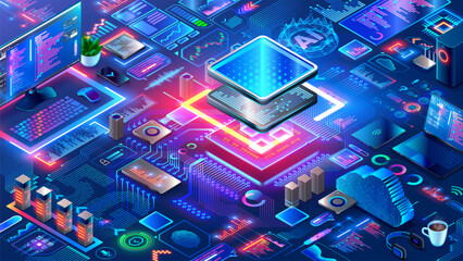 Leinwandbilder - Chip with AI control smart devices. Electronics CPU industry. Hardware, software computer technology. Development, engineering electronics systems, devices. AI Processor. Artificial Intelligence.