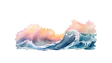 Wall Mural - Watercolor wave image in blue and peach tones. Abstract artwork of ocean wave with pastel watercolor and separated white background in vibrant brushstroke. Abstract ocean and summer concept. AIG35.