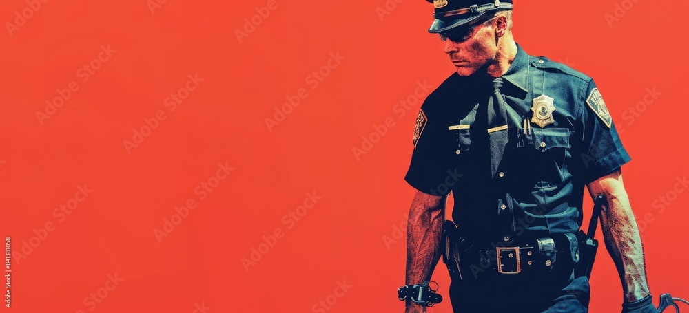 A police officer with a gun in his hand He is wearing a bulletproof ...