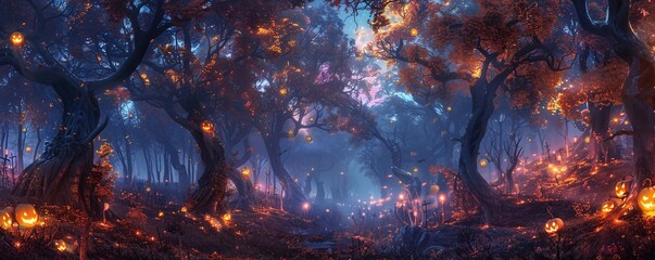 Fantasy Halloween event with mythical creatures, enchanted forest, and spooky magic