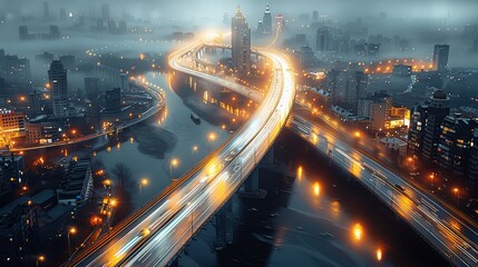 Aufkleber - S elevated road in the city, brightly lit, top view. Generative AI.