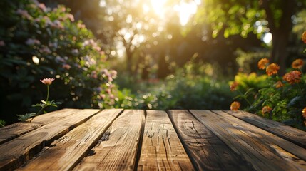 Canvas Print - Rustic Wooden Table With Blurred Garden Backdrop for Organic Product Display