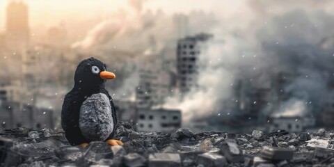 Ruins, kids penguin stuffed toy burned over city, war conflict, earthquake or world war fire and smoke for children peace innocence as copy space banner, 4k HD wallpaper, background, generated by AI.