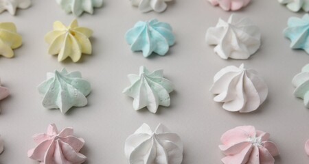 Wall Mural - Delicious meringue cookies on light background, above view