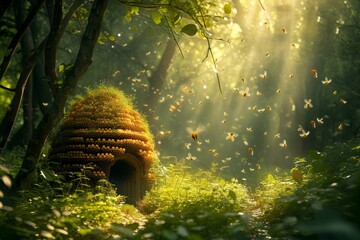 Sprawling Beehive wild field forest. Safety health. Generate Ai