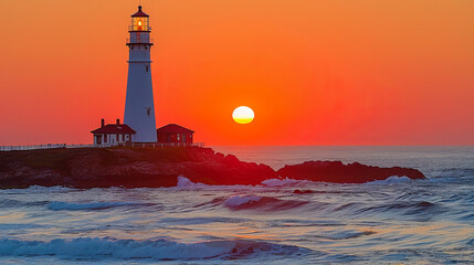 Wall Mural - A lighthouse is on a rocky shoreline with the sun setting in the background