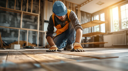 Carpenter working on a wooden floor installation in a partially renovated room, with space for text