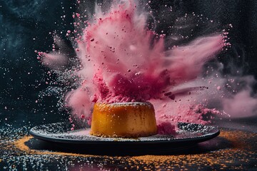 Poster - Food photography, powerful explosion of pink powdered sugar on a caramel flan