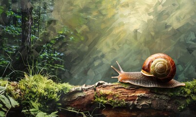 A small, brown and white snail is on a log in a forest