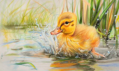 Wall Mural - A duck is splashing in the water