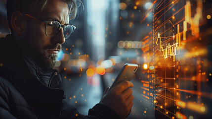 Poster - Website background image of a trader using an ai crypto trading bot on a mobile device cellular phone, trader, trading charts. Generative AI.