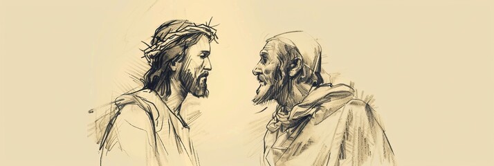 Biblical Illustration of Jesus and the Rich Young Ruler, Ideal for Banner,Christian banner