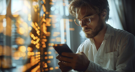 Aufkleber - Website background image of a trader using an ai crypto trading bot on a mobile device cellular phone, trader, trading charts. Generative AI.