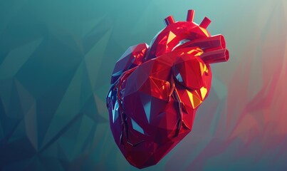 A heart made of metal and stone is shown in a blue and red background