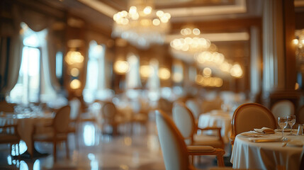 
Elegant restaurant interior with blurred tables, chairs, and a chandelier, creating a stylish