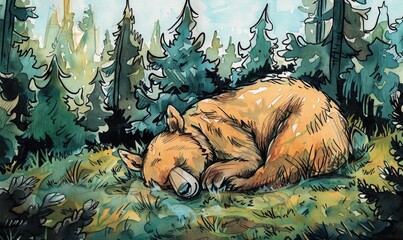 Wall Mural - Marker drawing of a sleepy bear curled up in a cozy den surrounded by pine trees