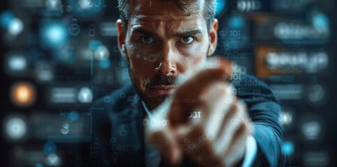 Aufkleber - Businessman finger point to full frame game apps hud design, front view. Generative AI.
