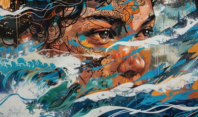 Wall Mural - Abstract portrait of woman and ocean waves