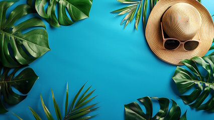 Summer vacation background. Top view of straw hat, leaves, greens, glasses on blue background.